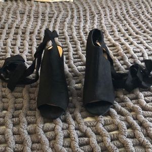 Black suede open toe lace up booties